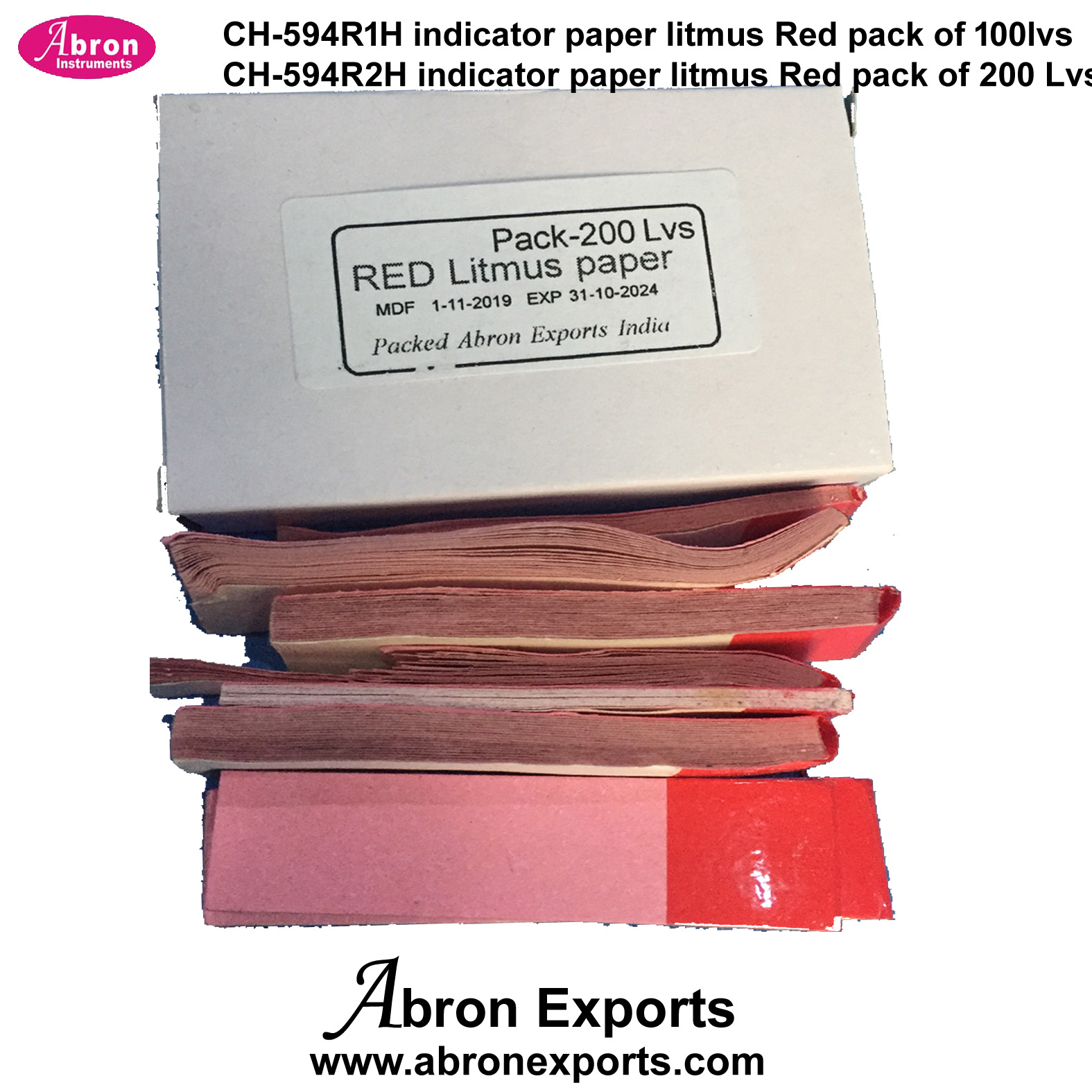 Litmus Red Indicator Papers Red to Blue in Acid Abron ch-595-100 Lvs Box of 10 Packs of 100 leaves CH-594B1H 